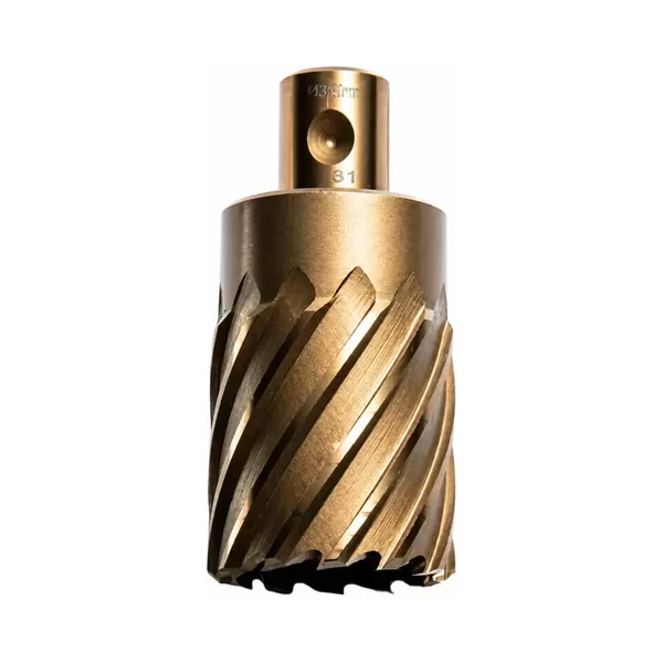 Três brocas-copo HSS-Co da RIX Tools, com o corpo dourado e os dentes helicoidais à mostra